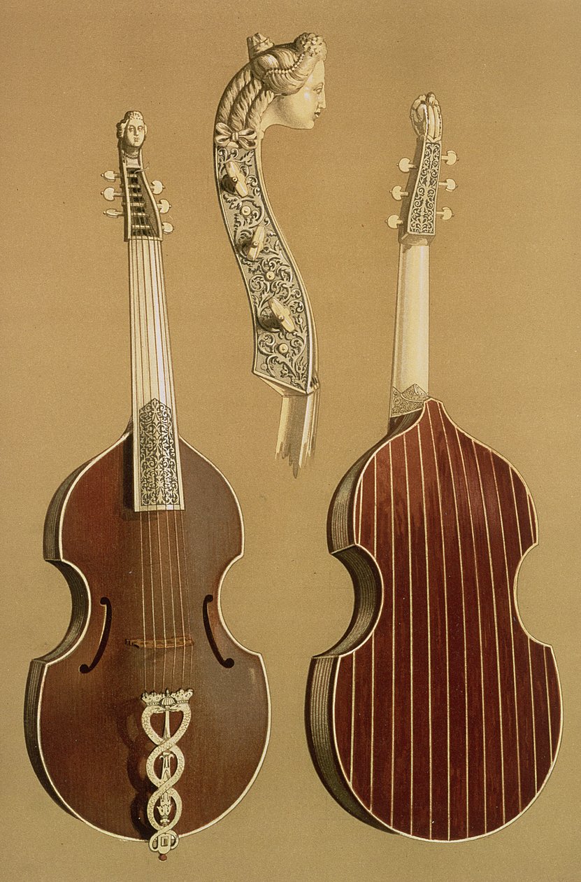 中提琴（1541年至1919年）汉堡，1701年，来自&39;乐器&39;（彩色光刻）的Viola da Gamba，或bass viol 作者 阿尔弗雷德·詹姆斯·希普金斯