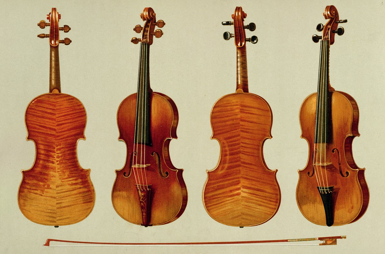 小提琴（LtoR）：1715年由Antonio Stradivarius（c.1644-1737）创作的&39;Alard&39;，以及来自&39;Musical Instruments&39;（彩色版画）的Giovanni Guarneri&39;del Gesu&39;（d.1744）的&39;King Joseph&39; 作者 阿尔弗雷德·詹姆斯·希普金斯