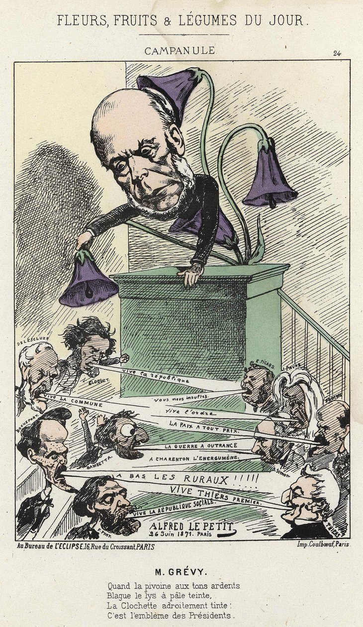Bellflower：关于Grévy的漫画--Alfred Le Petit于1871年6月26日绘制，载于 "Fleurs, Fruits et Vegetables du Jour"。 作者 阿尔弗雷德·勒·佩蒂特