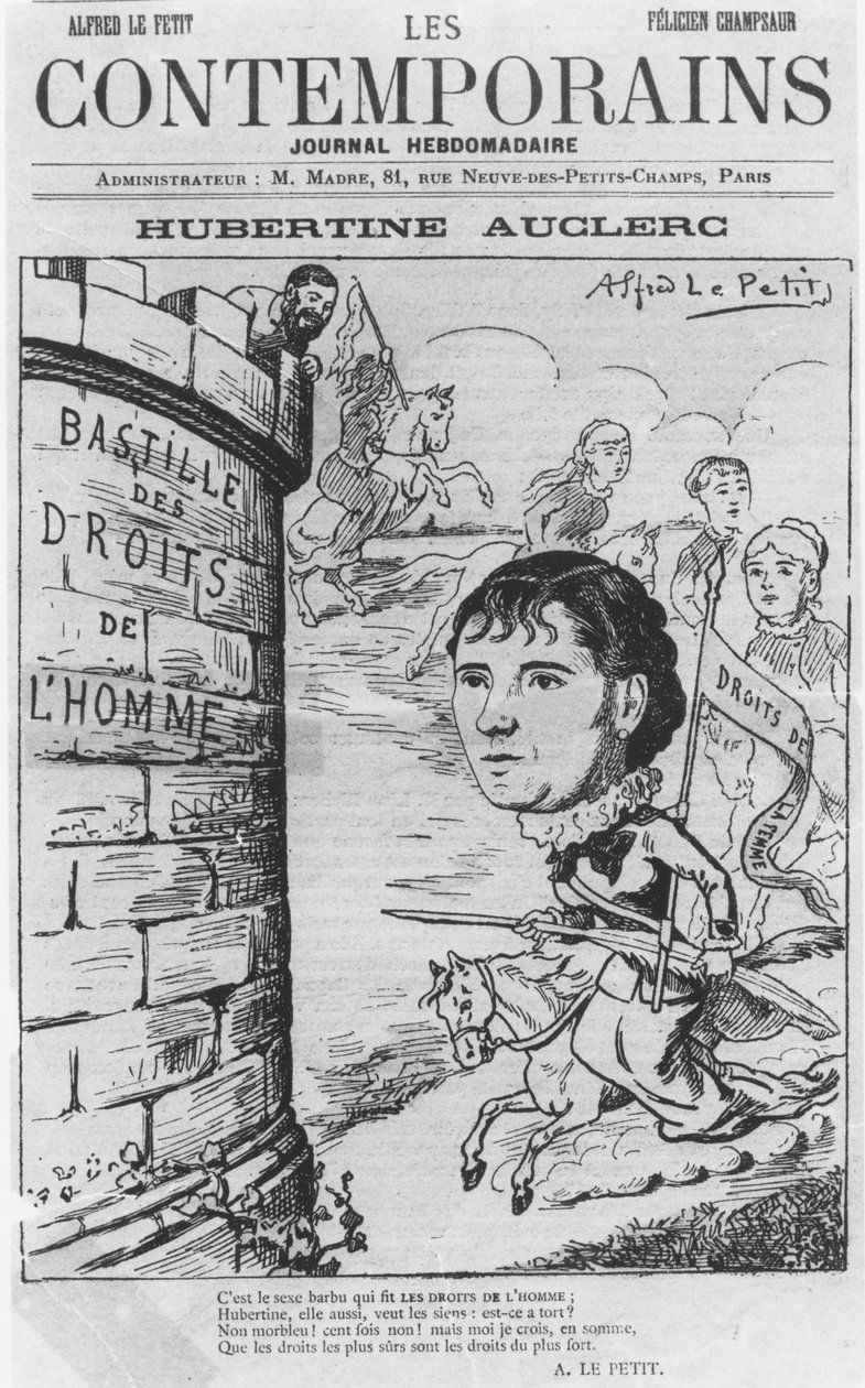 来自The Contemporaries杂志的Hubertine Auclerc 1848-1914的漫画，1890年彩色光刻 作者 阿尔弗雷德·勒·佩蒂特