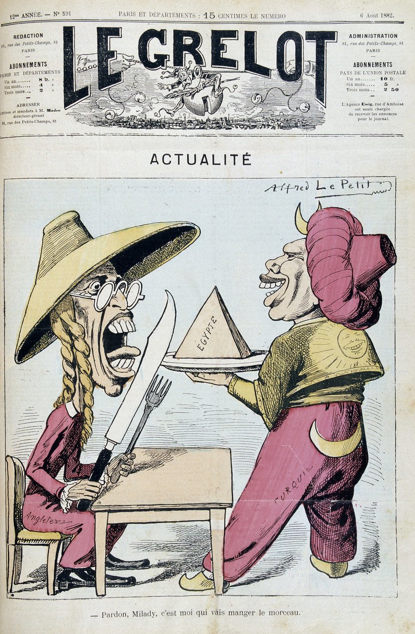 关于土耳其和英国之间埃及争端的漫画 - 阿尔弗雷德·勒·佩蒂蒂 (Alfred Le Petitty)，在 1892 年 6 月 8 日的“Le Grelot”中 作者 阿尔弗雷德·勒·佩蒂特