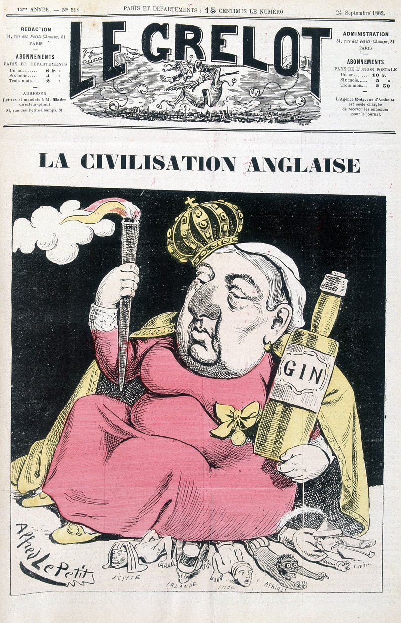 英国文明：维多利亚，手里拿着一瓶杜松子酒，坐在埃及、爱尔兰、印度、非洲和中国——阿尔弗雷德·勒佩蒂蒂 (Alfred Le Petitty) 于 24/09/1882 中的“Le Grelot” 作者 阿尔弗雷德·勒·佩蒂特