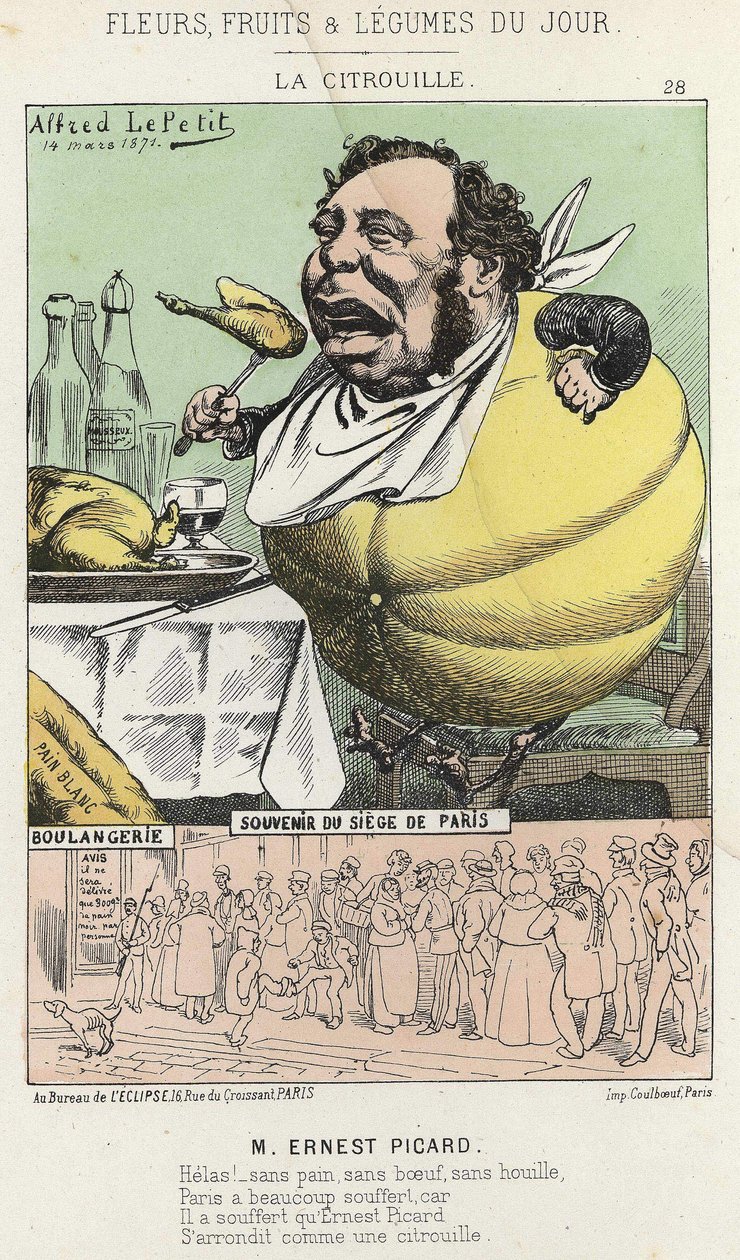 南瓜。关于欧内斯特-皮卡德的漫画--1871年3月14日的插图 "当天的鲜花、水果和蔬菜" 作者 阿尔弗雷德·勒·佩蒂特