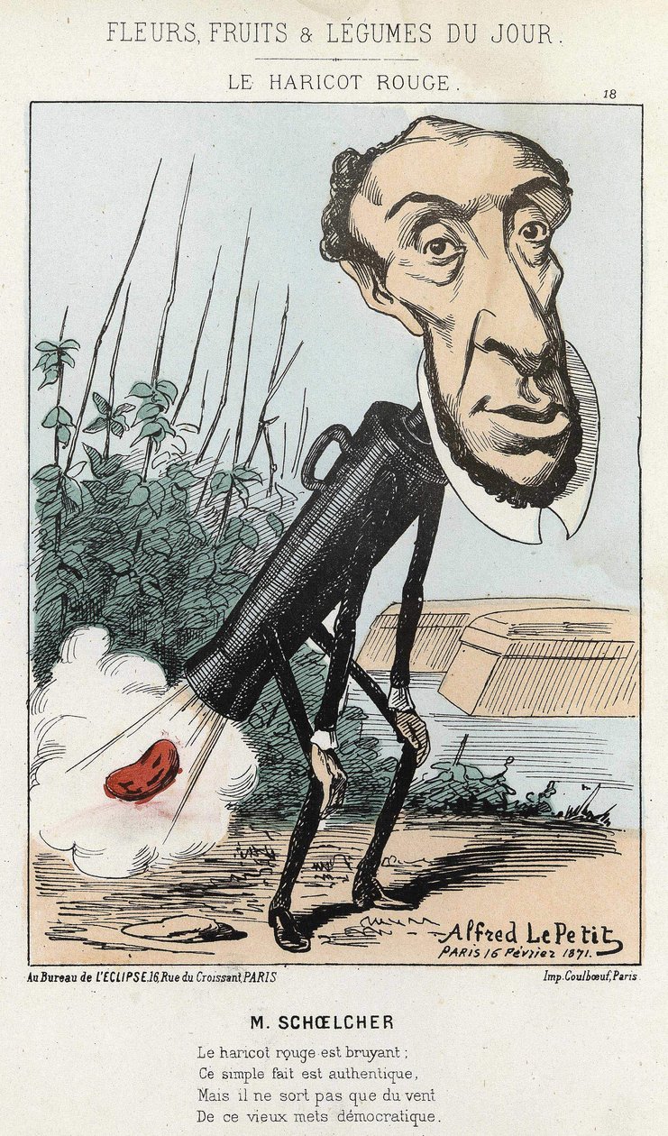 胭脂豆：维克多-舍尔舍的漫画表现了彼得火车上的一颗豆子（放屁）--1871年2月16日阿尔弗雷德-勒佩蒂特的插图，载于《每日花卉、水果和蔬菜》。 作者 阿尔弗雷德·勒·佩蒂特