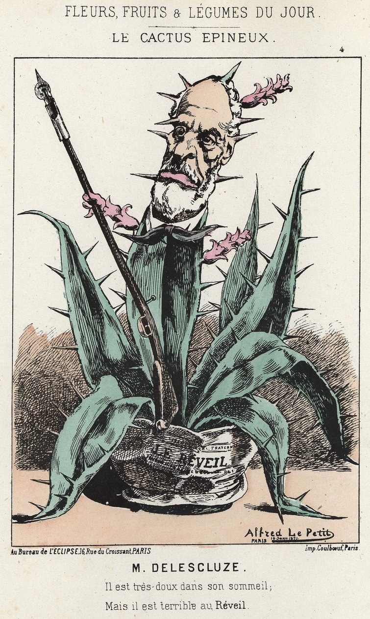 Le Cactus Spineux:关于路易-查尔斯-德莱斯库兹（1809-1871）的漫画--1871年1月16日在 "每日花卉、水果和蔬菜 "中的插图。 作者 阿尔弗雷德·勒·佩蒂特