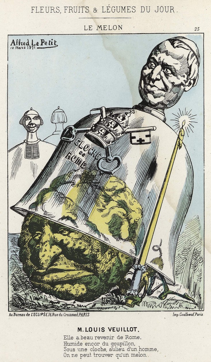 甜瓜。关于Louis Veuillot的漫画--1871年3月10日在 "每日花卉、水果和蔬菜 "中的插图。 作者 阿尔弗雷德·勒·佩蒂特