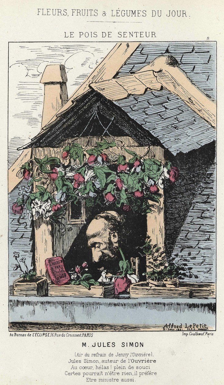 Le Peas de Fragreur：关于朱尔斯-西蒙（1814 - 1896）的漫画--187年1月12日在 "每日花卉、水果和蔬菜 "中的插图。 作者 阿尔弗雷德·勒·佩蒂特