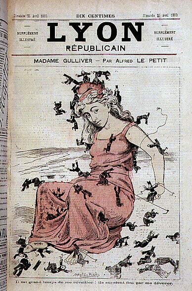 Madame Gulliver: It is high time to wake me up: they would have eaten me (Marianne standing up and men of the clergy, in Lilliputians, trying to tie her up) - by Alfred Le Petitty, in “Lyon Républicain”” of 25/04/1880 作者 阿尔弗雷德·勒·佩蒂特
