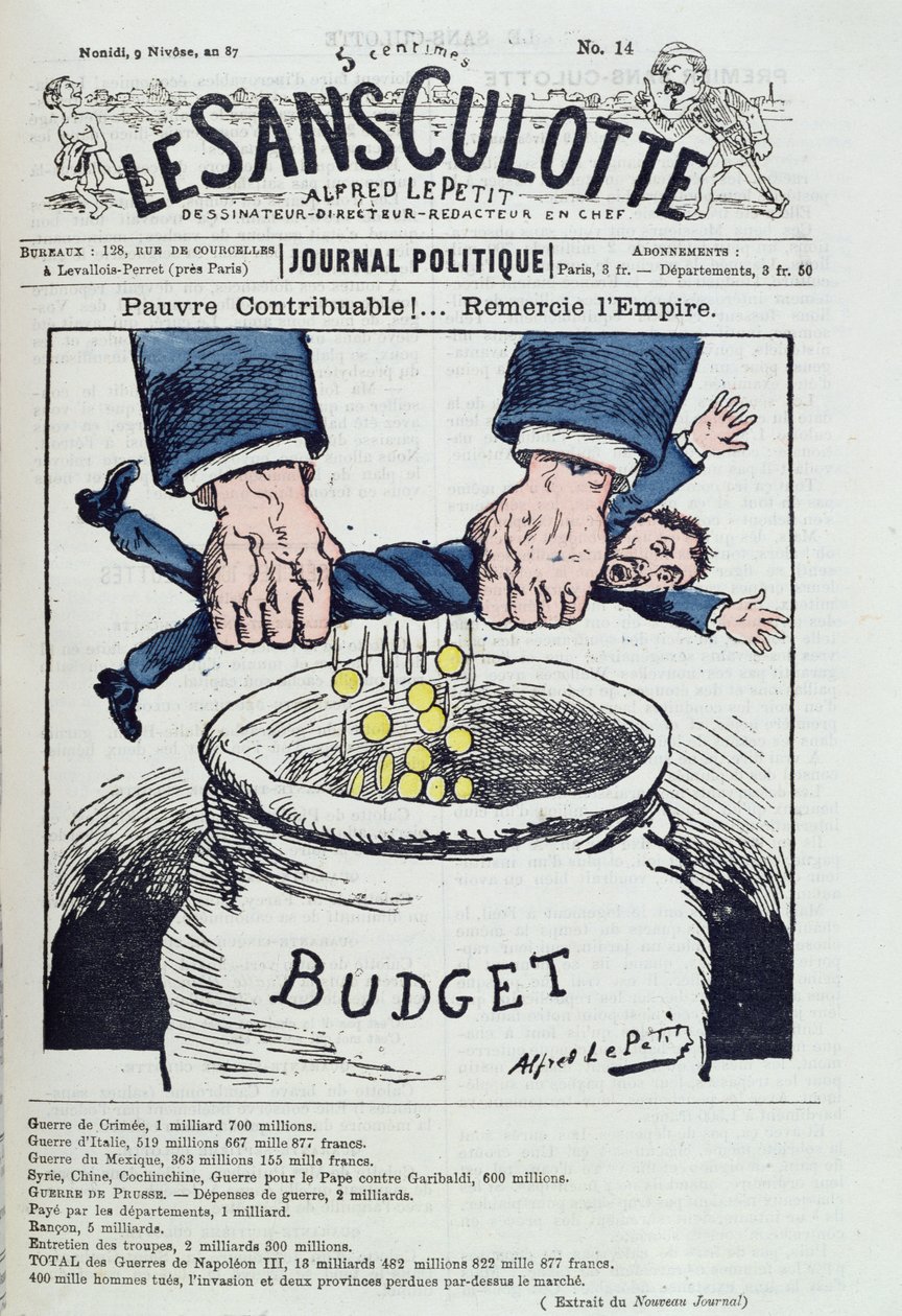 可怜的纳税人！.... 感谢帝国》，批评第二帝国（1852-70）战争费用的漫画，出自《Le Sans Culotte》。 作者 阿尔弗雷德·勒·佩蒂特