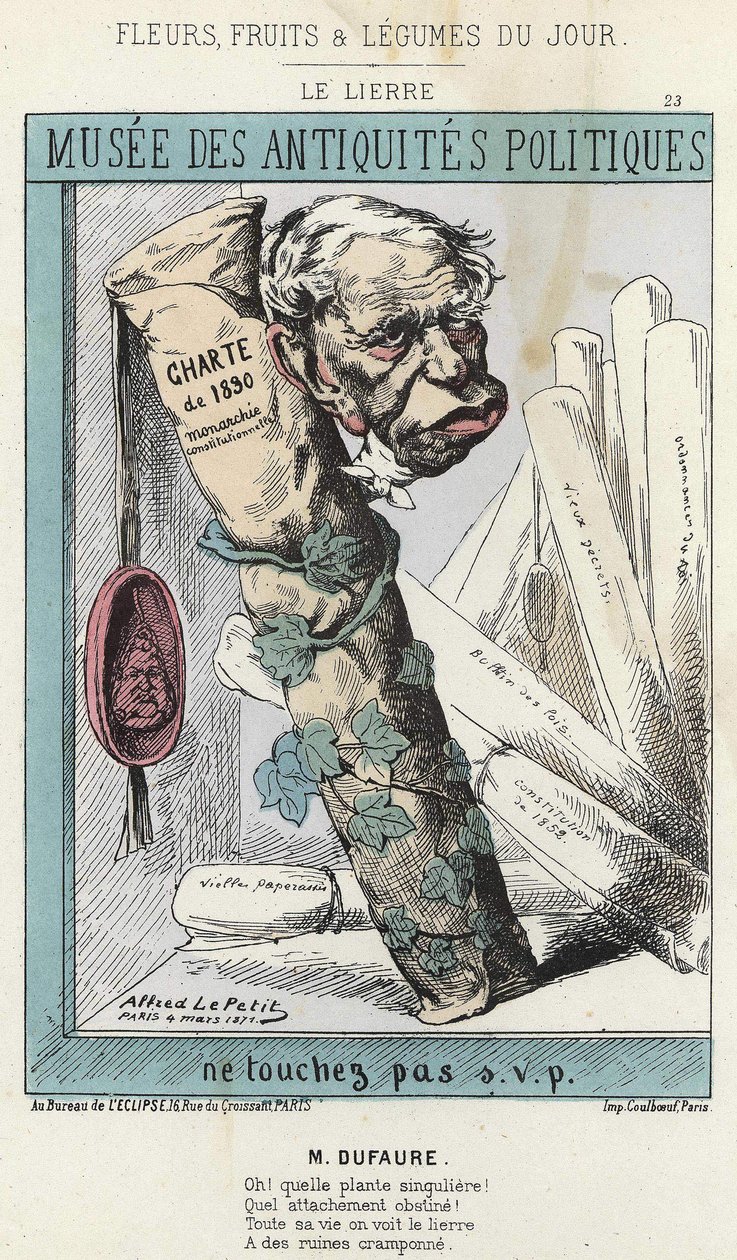 常春藤》。朱尔斯-阿尔芒（Jules-Armand）-杜福尔（1798-1881）的漫画，他身穿常春藤，围着一卷写有 "1830年宪章 "的纸和一个印有国王路易-菲利普一世头像的印章。- 1871年3月4日的照片，载于《花卉、水果和蔬菜》。 作者 阿尔弗雷德·勒·佩蒂特