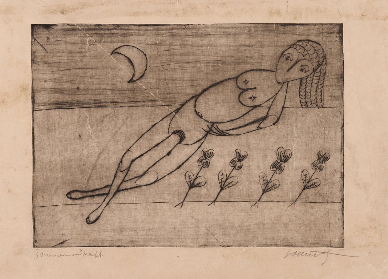 新月、花朵和女性裸体（蚀刻版画和纸上水印版画） 作者 阿尔弗雷德·洛姆尼茨
