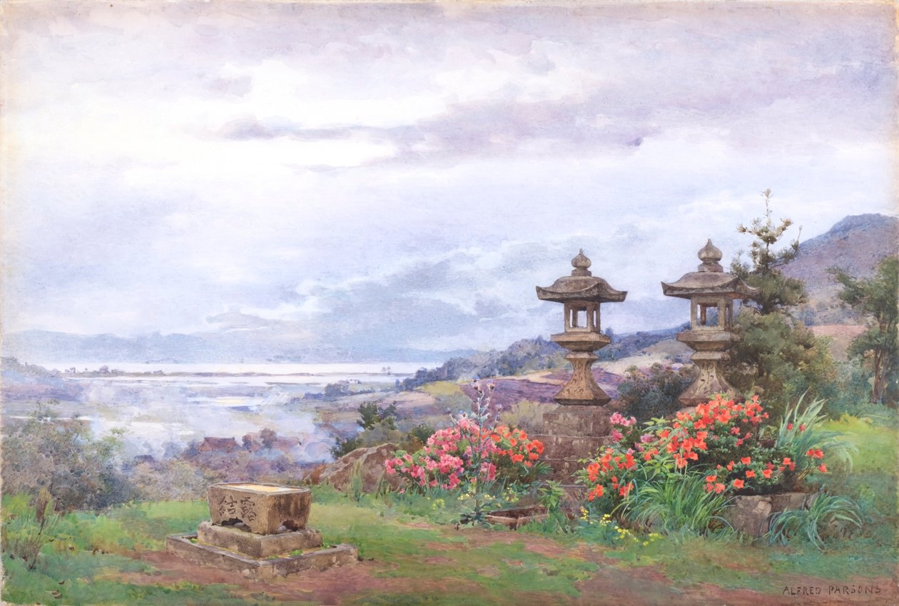 从天王寺眺望琵琶湖日落（水彩画） 作者 阿尔弗雷德·帕森斯