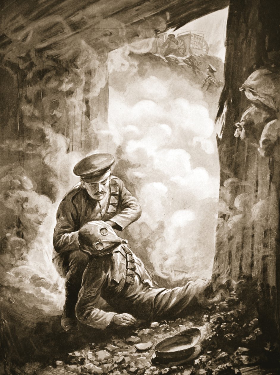 在毒气弹（石版画）爆炸后，代理中士雷恩斯将他的防烟头盔戴在艾尔斯中士身上 作者 阿尔弗雷德·皮尔斯（Alfred Pearse）