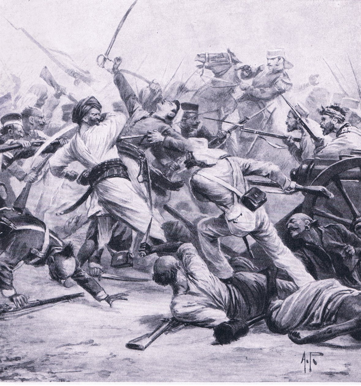 尼科尔森于1857年8月2日击败了Najafgarh的叛乱分子，1915年英国陆地和海上战役的插图 作者 阿尔弗雷德·皮尔斯（Alfred Pearse）