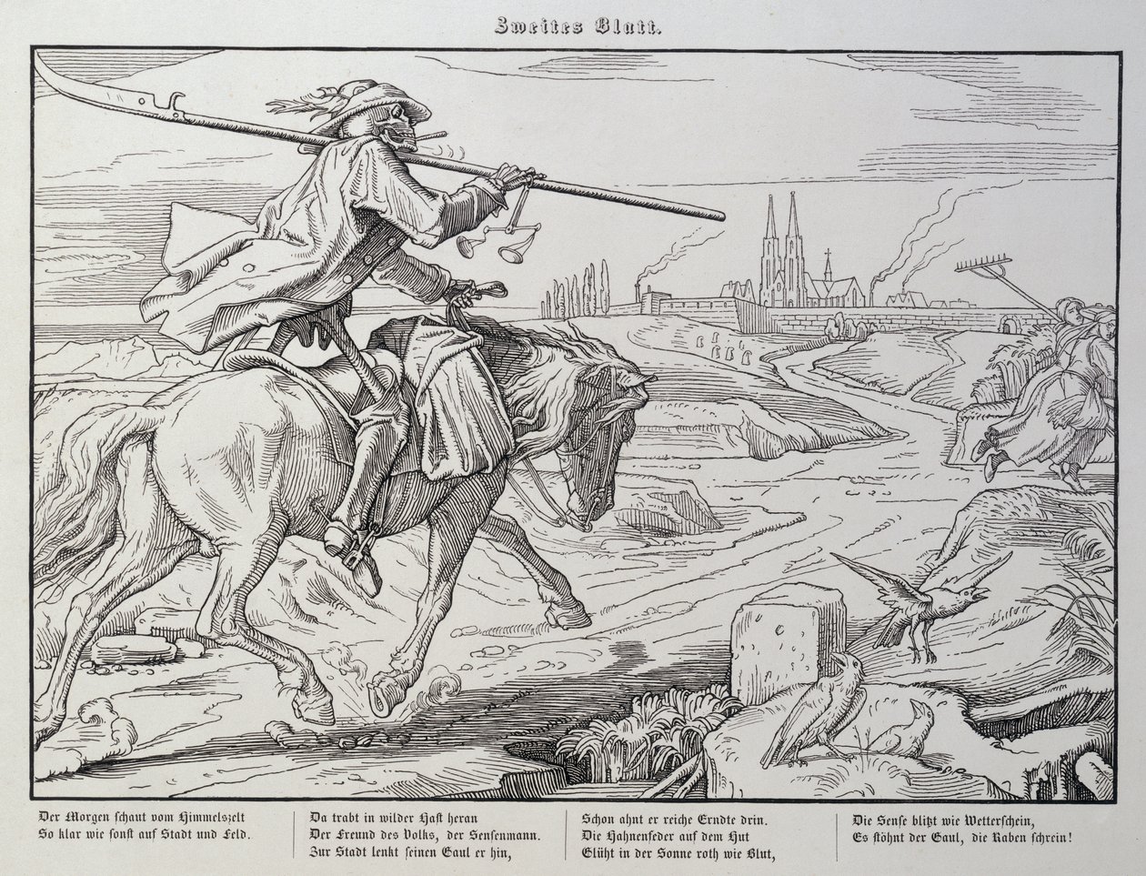1849年格奥尔格·威甘德（Georg Wigand）在莱比锡（Leipzig）出版的“另一个死亡之舞”（Death Dance of Death）中的死亡骑行到镇上 作者 阿尔弗雷德·雷特尔