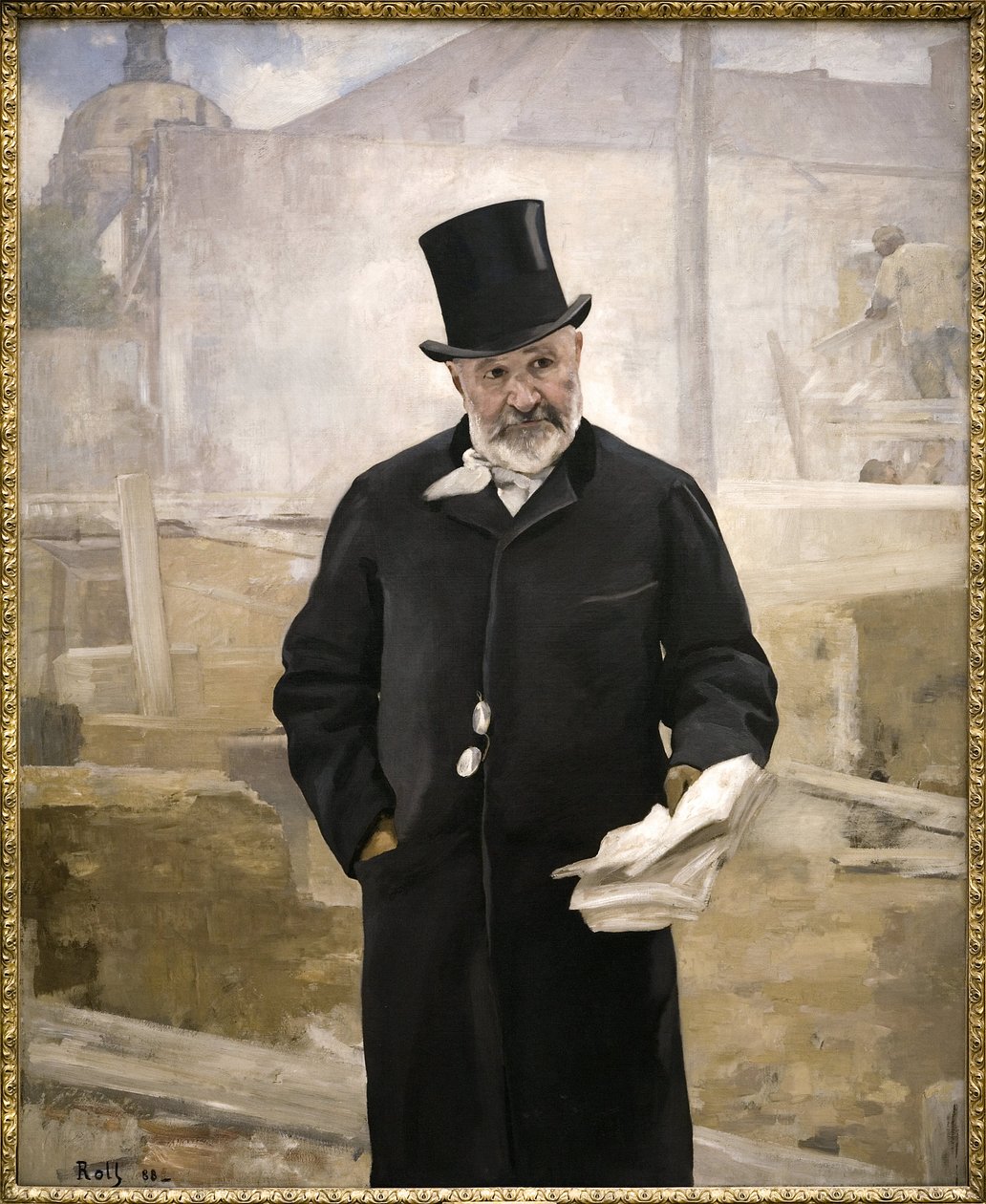 让·查尔斯·阿道夫·阿尔凡 (Jean Charles Adolphe Alphand)（1817-1891 年）肖像，奥斯曼男爵 (Baron Haussmann) 的合作者，巴黎公共工程、绿地布局主管，1889 年世界博览会作品总监，阿尔弗雷德·罗尔 (Alfred Roll) 的布面油画（1846-1919 年） ）。 摄影 作者 阿尔弗雷德·罗尔