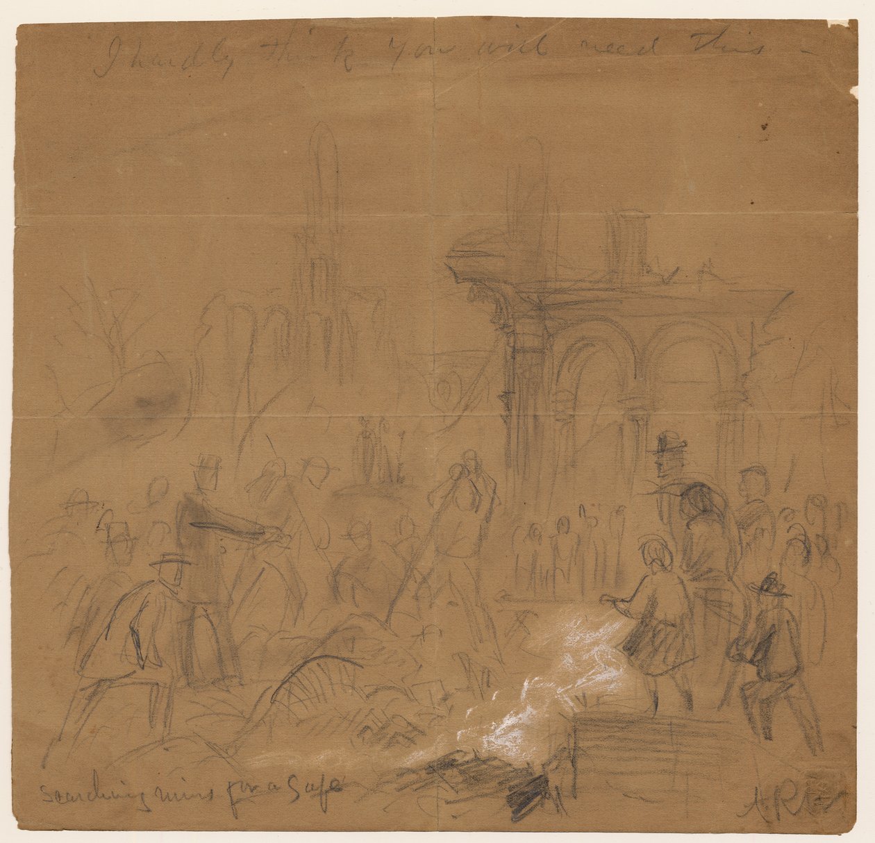 1871年芝加哥火灾后搜寻遗址寻找保险箱（铅笔和粉笔在纸上） 作者 阿尔弗雷德·鲁道夫·沃德