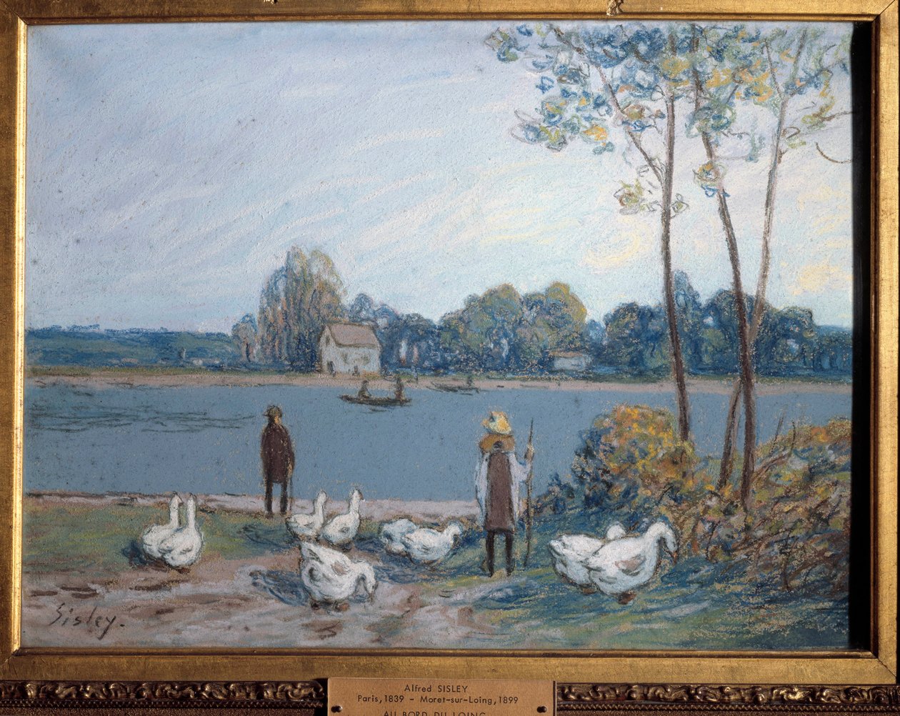 在Loing的边缘。 阿尔弗雷德·西斯莱 (Alfred Sisley) 的绘画 (1839 - 1899) 作者 阿尔弗雷德·西斯利