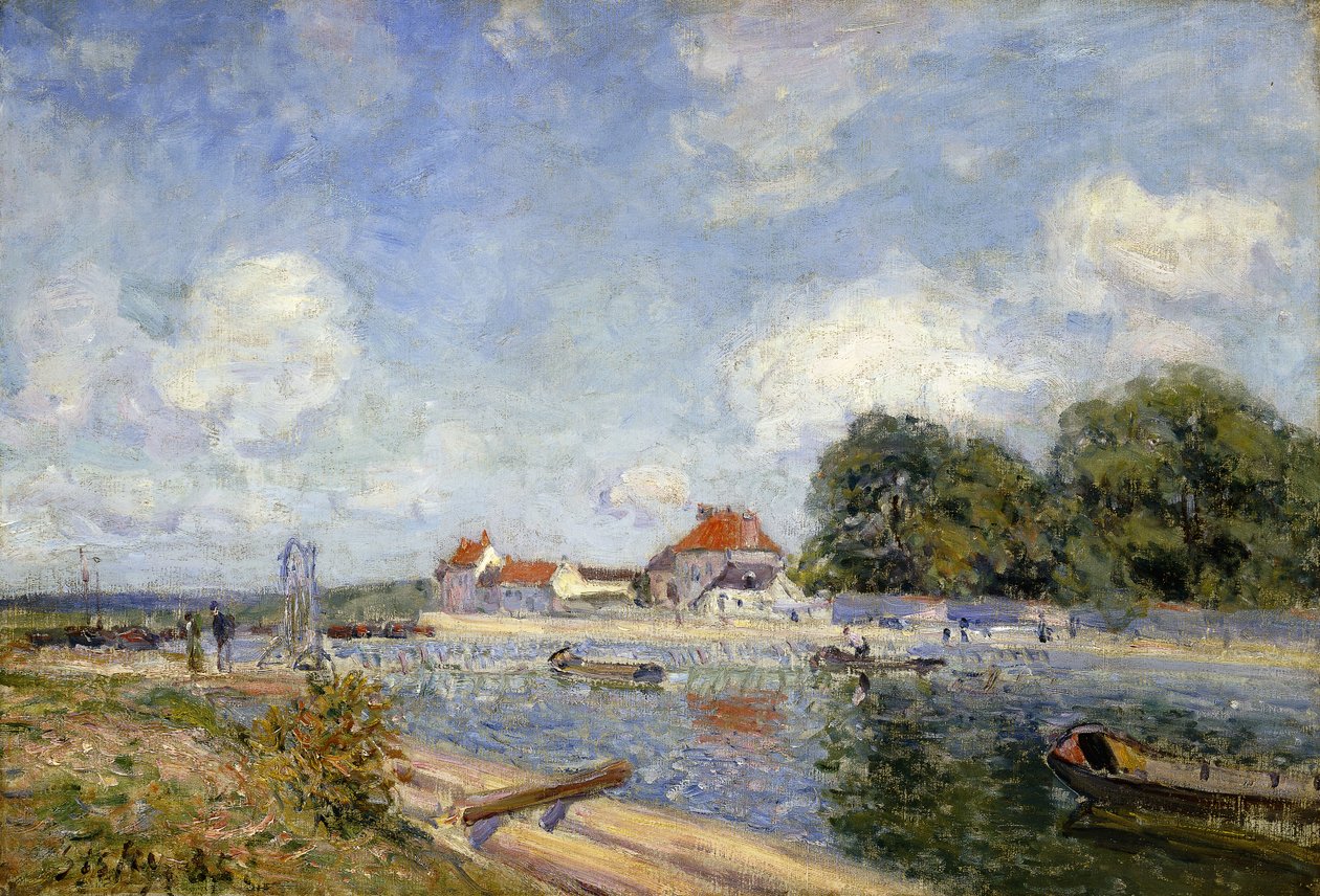 圣马梅斯河上的堰； Le Barrage du Loing a Saint-Mammes，1885年 作者 阿尔弗雷德·西斯利