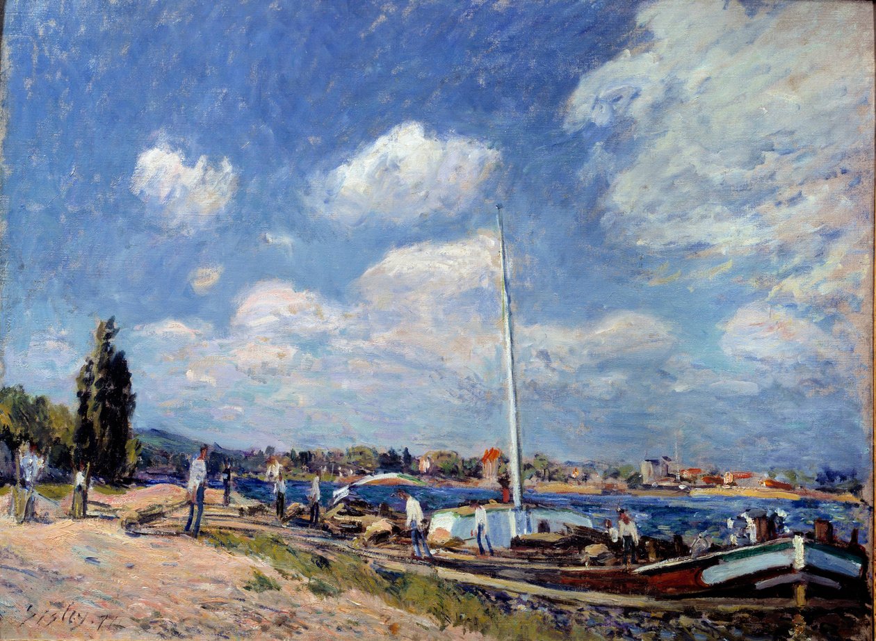在比扬古卸载驳船。 阿尔弗雷德·西斯莱 (Alfred Sisley) 的绘画 (1839 - 1899) 作者 阿尔弗雷德·西斯利