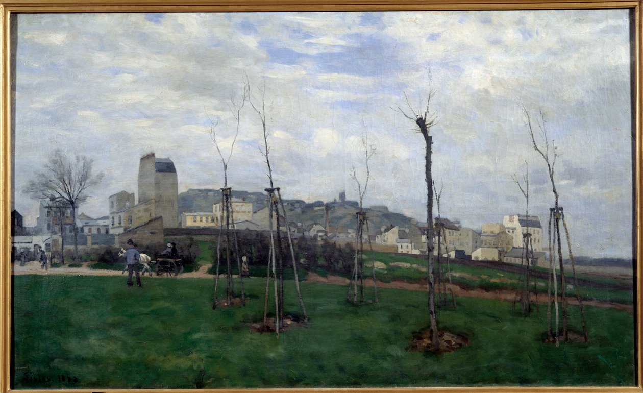 蒙马特的景色从花城的 Batignolles 上拍摄，阿尔弗雷德·西斯莱 (Alfred Sisley，1839-1899) 1869 年作画。 0,7x1,17 m 格勒诺布尔，Musee des Beaux Arts 作者 阿尔弗雷德·西斯利