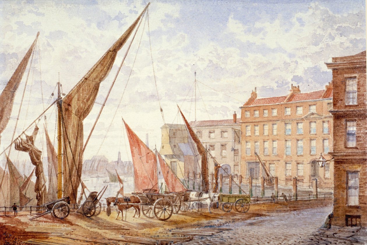伦敦市Queenhithe的Maidstone码头景观，1865年。         作者 阿尔弗雷德·斯洛科姆
