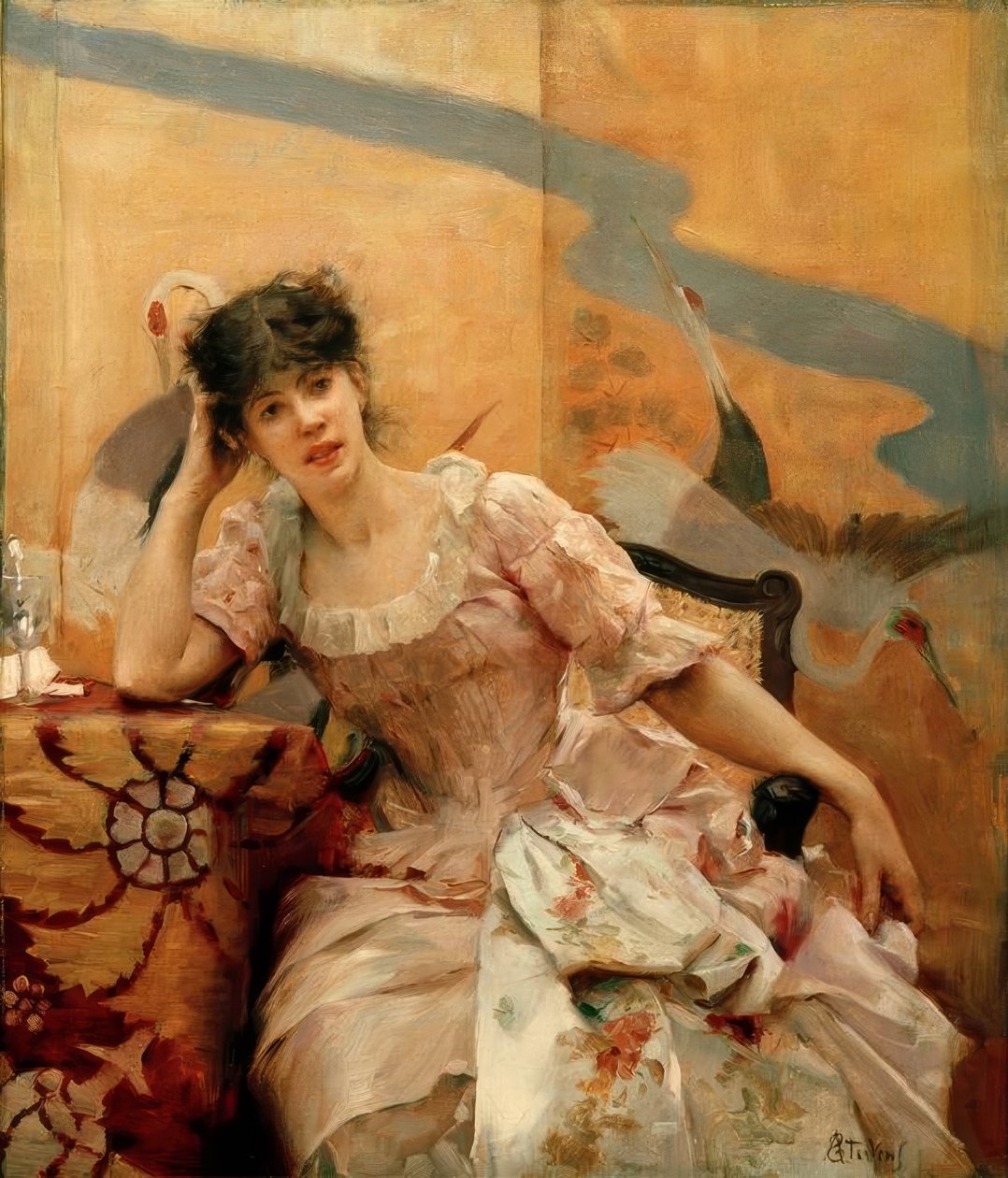史蒂文斯，年轻女子和日本荧屏 作者 阿尔弗雷德·埃米尔·史蒂文斯（Alfred Emile Stevens）
