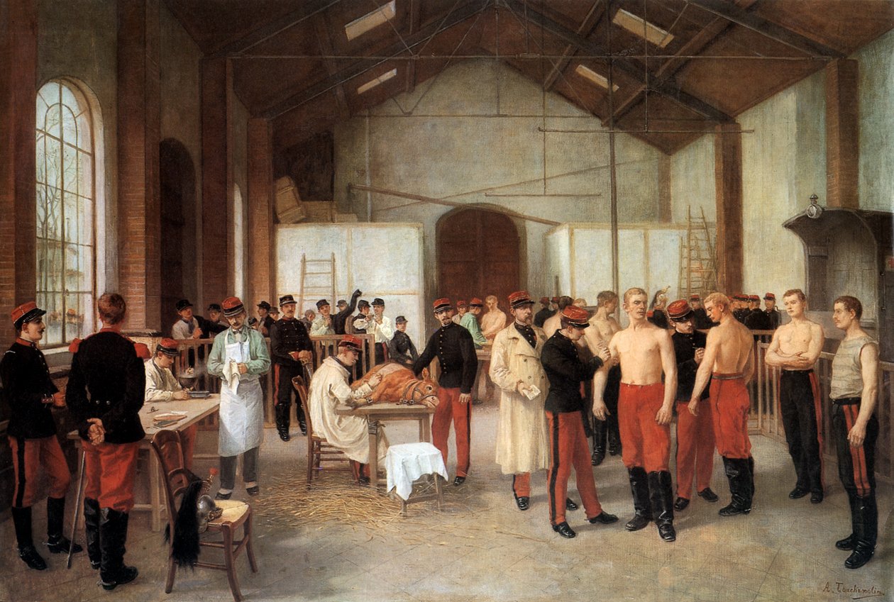 约 1900 年，法国军官在巴黎 Val de Grace 医院接受疫苗接种（布面油画） 作者 阿尔弗雷德·Touchemolin