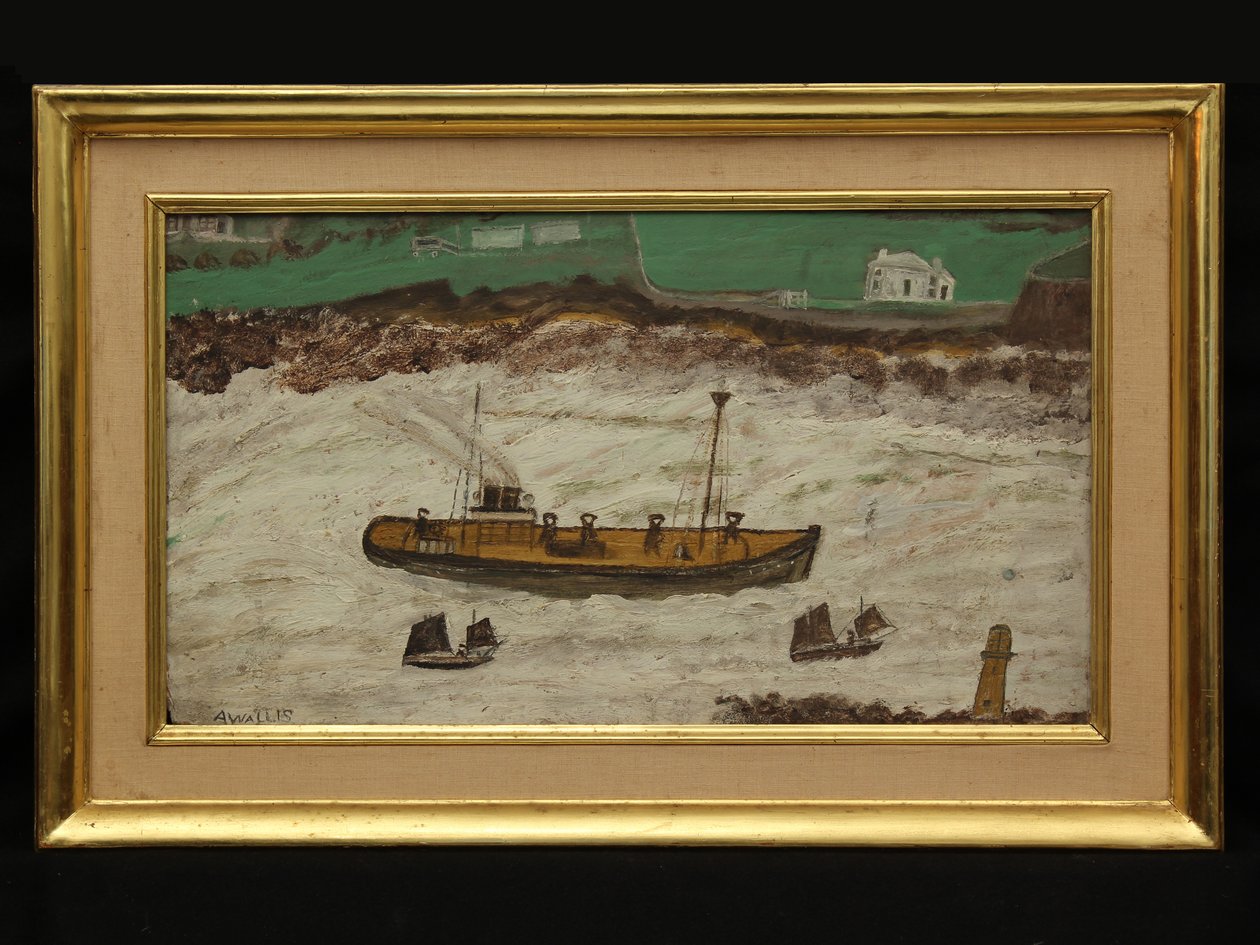 灯塔和岸之间的三艘船，c.1930（卡在油上） 作者 阿尔弗雷德·沃利斯