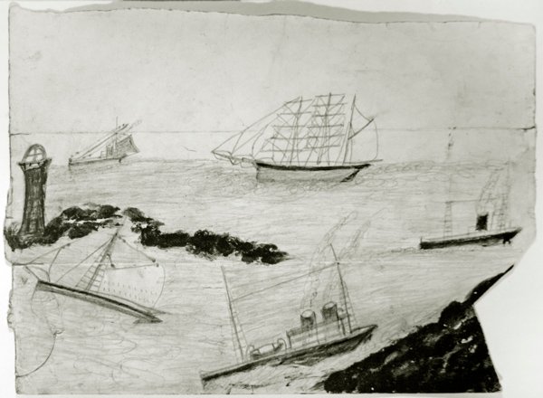 三艘帆船、两艘蒸汽船和Godrevy灯塔，约1935-38年（卡片上的油画和铅笔）。 作者 阿尔弗雷德·沃利斯