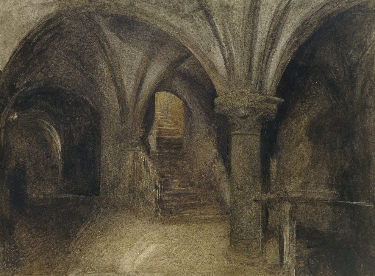 Le crypte de l&39;Aquilon，Mont St Michel，c。 1876年（黑色，白色和棕色粉笔，墨水上有一些墨水） 作者 阿尔弗雷德·威廉·亨特