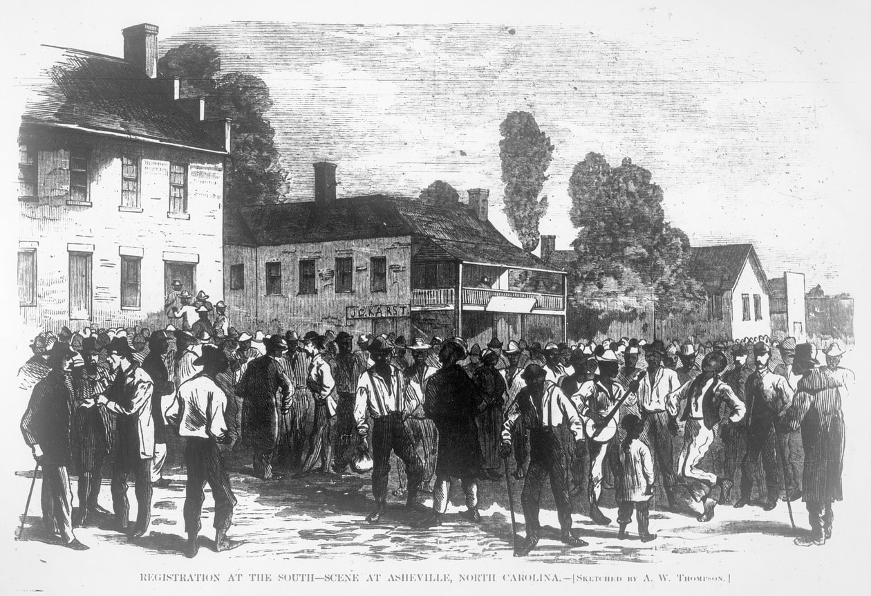 南方的登记，北卡罗来纳州阿什维尔的场景，来自《哈珀周刊》，1867年9月28日（雕刻）（黑白照片）。 作者 阿尔弗雷德·华兹华斯（后）汤普森