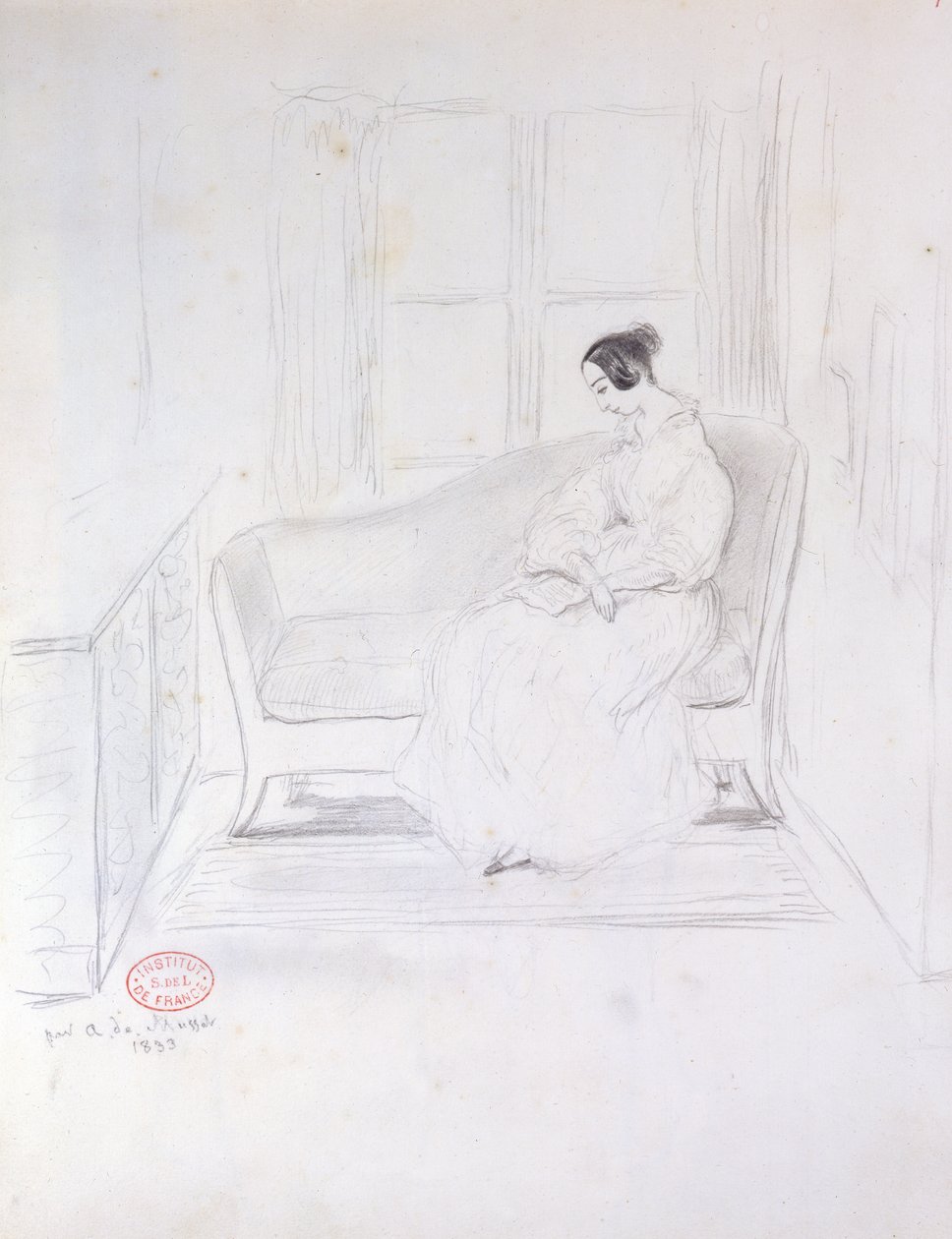 乔治·桑（1804-76），1833年在窗户旁边的沙发上看书 作者 阿尔弗雷德·德·穆塞特