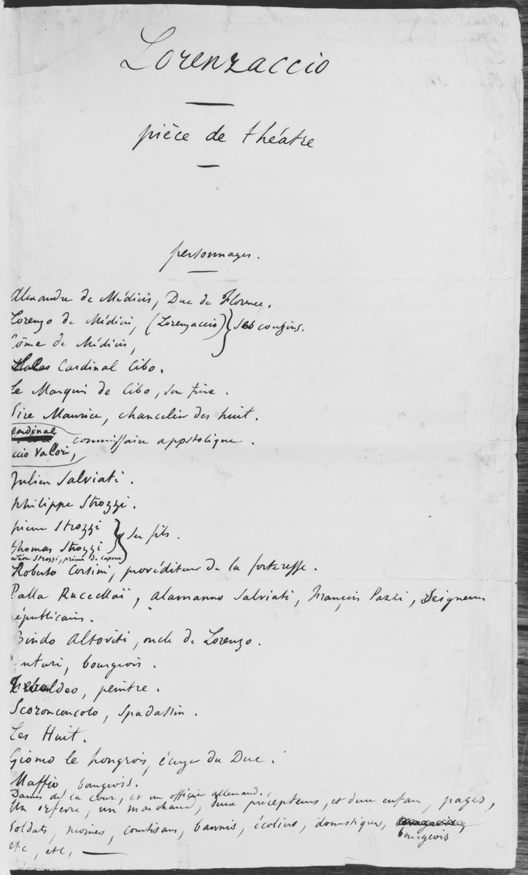 &39;Lorenzaccio&39;的原始手稿，人物名单，1834年 作者 阿尔弗雷德·德·穆塞特