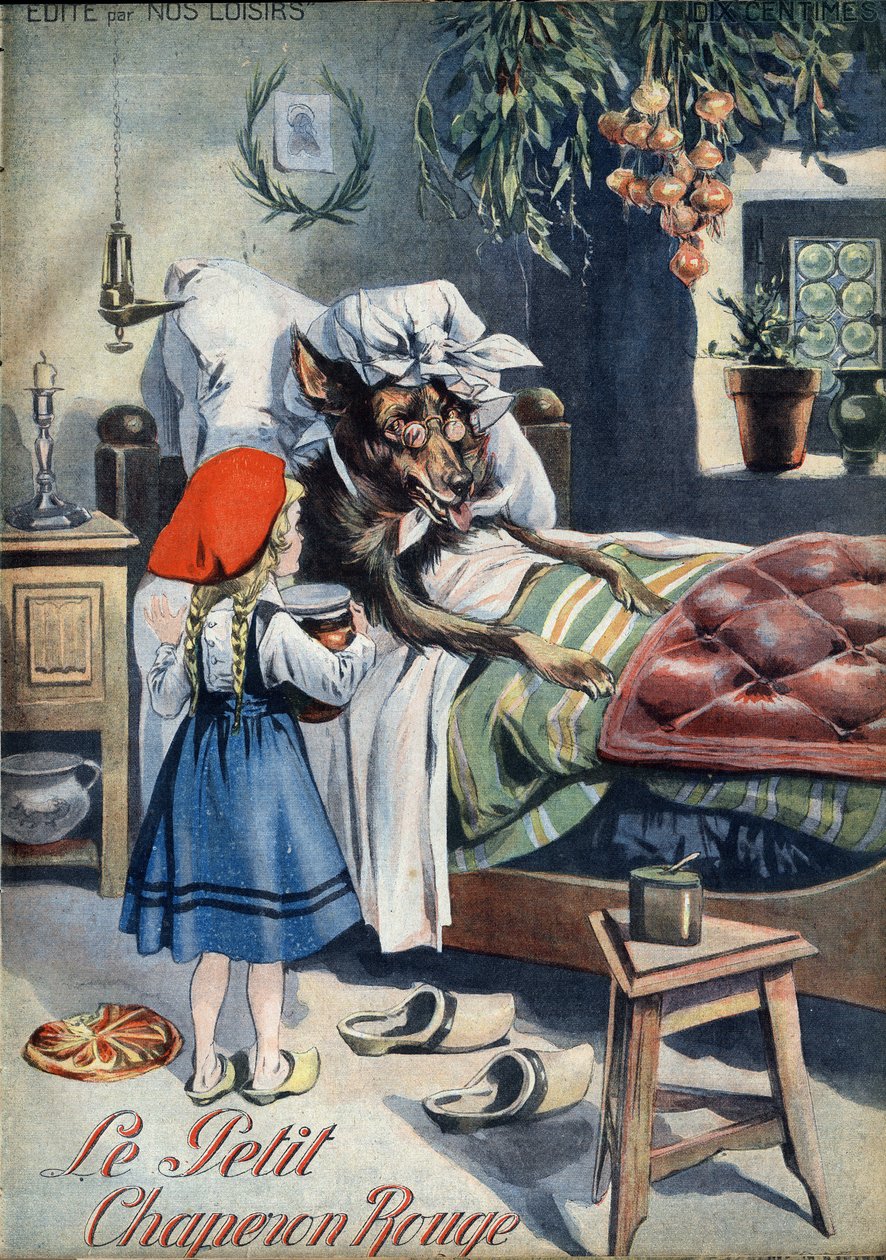 小红帽。 民间故事。 1910 年左右《Les beaux tales》系列《Nos loisirs》中的 Vaccari 和 Carrey 插图。私人收藏。 作者 阿尔弗雷多和凯瑞·瓦卡里