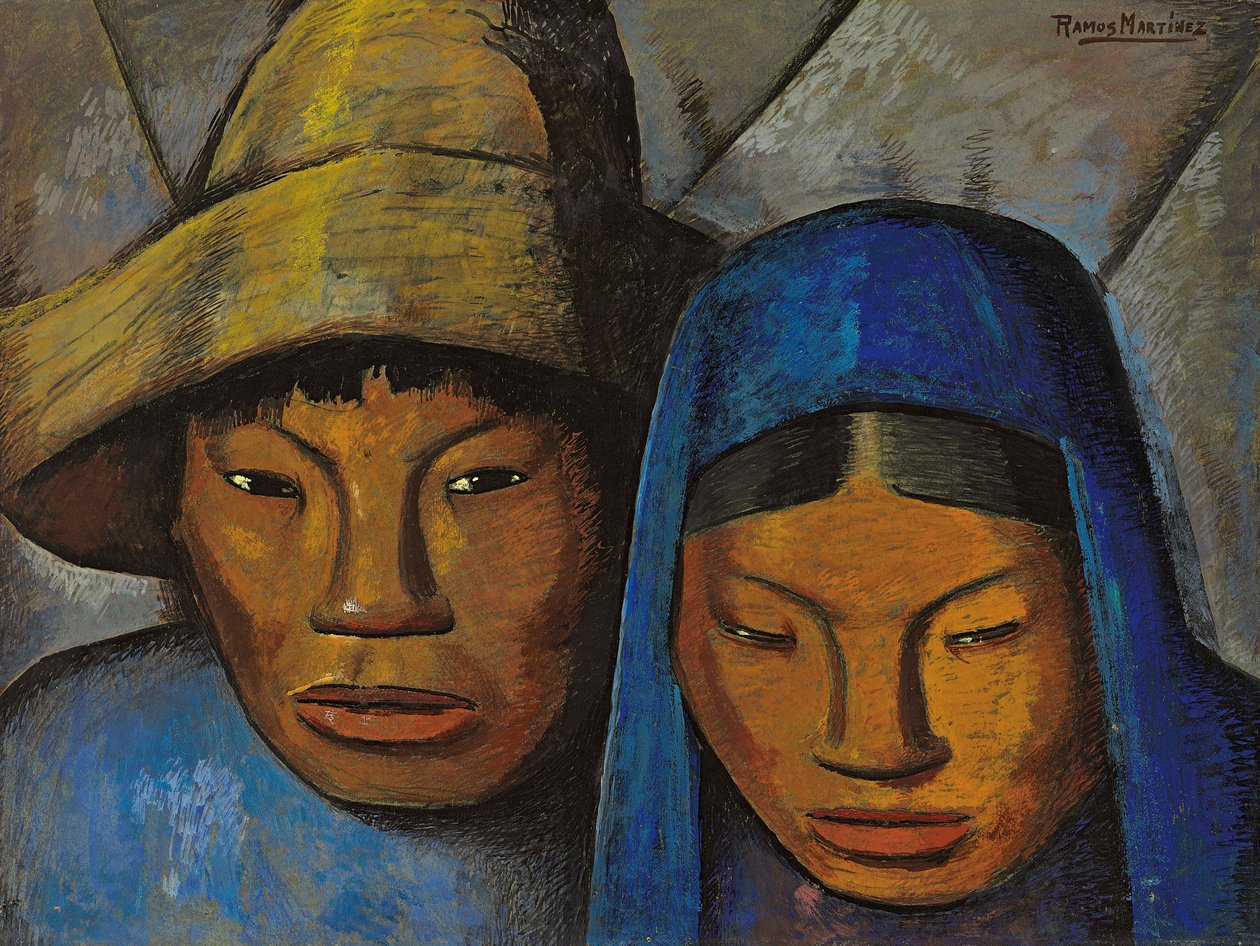 蓝衣情侣； La pareja en azul，c.1930（船上油） 作者 阿尔弗雷多·拉莫斯·马丁内斯