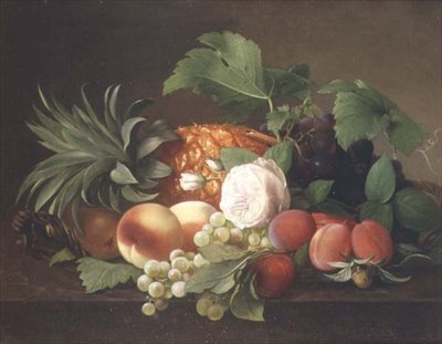 菠萝、桃子、李子和葡萄的静物画 作者 阿尔弗里达（Alfrida Vilhelmine）