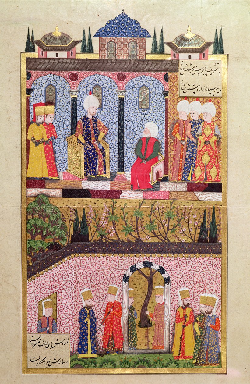 在1530年他的儿子Bayezid和Cihangir受割礼之际向Suleyman I（1495-1566）赠送礼物，来自&39;Suleymanname&39;（Mss Hazine.1517 f.412a），1558（墨水和金色乐章） 作者 阿里·阿米尔·贝格