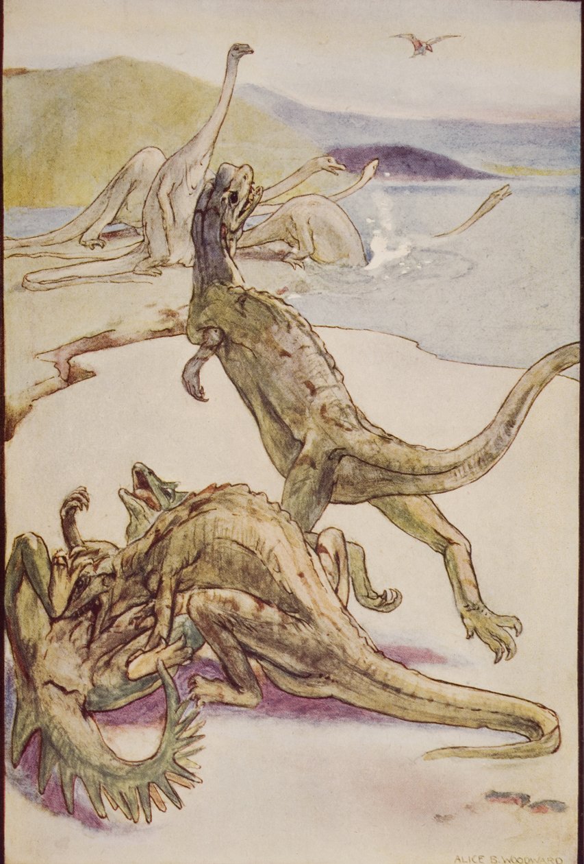 显示恐兽的中生代场景，插图来自 H.G. 威尔斯的《历史纲要》，第一卷，1920 年出版（彩色平版印刷） 作者 爱丽丝·博林布鲁克（后）伍德沃德