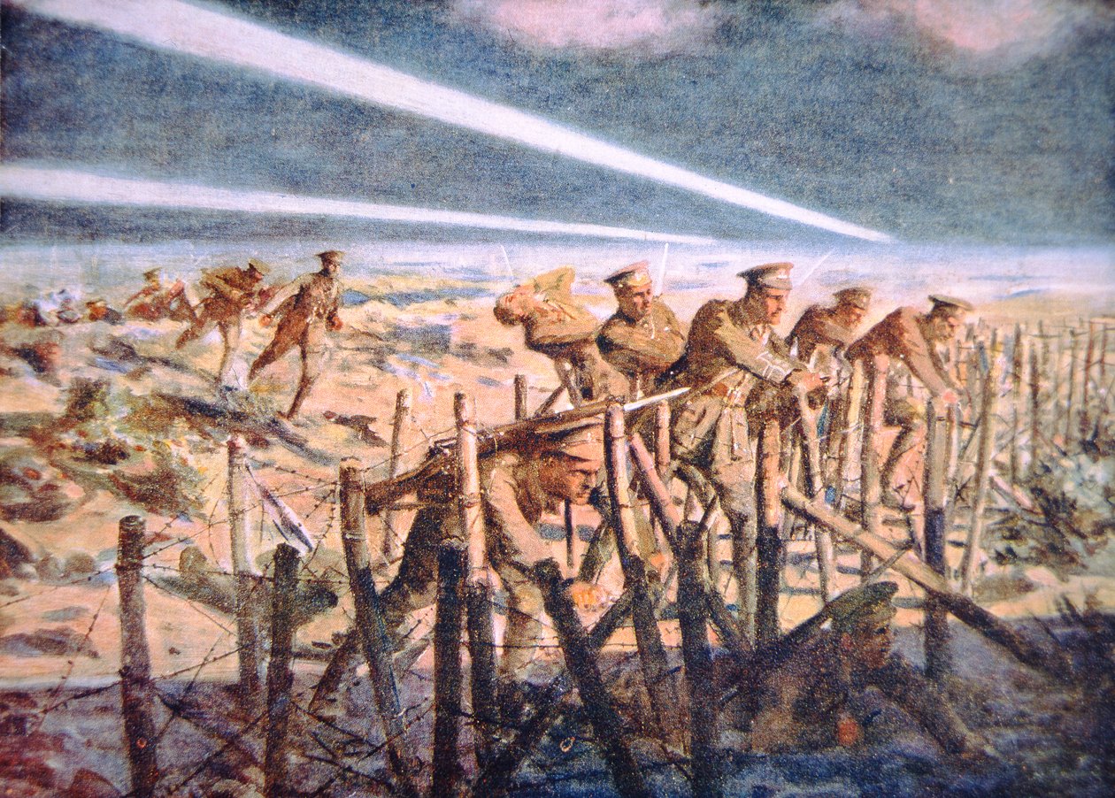 英军士兵在西线夜间剪断德军铁丝网（彩色石版画） 作者 艾伦（后）斯图尔特