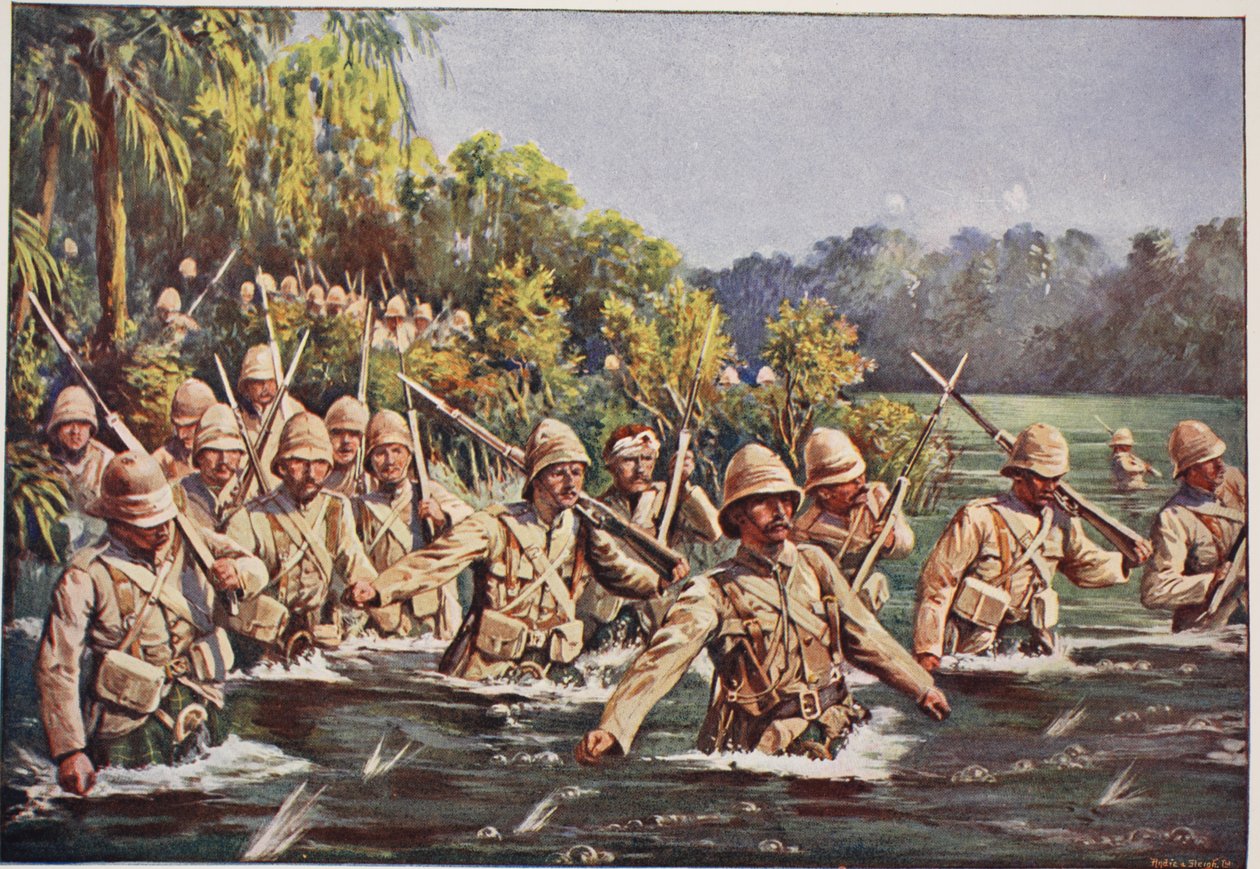 阿盖尔和萨瑟兰高地人穿越莫德河，插图选自 Archibald Forbes、G.A. Henty 和 Arthur Griffiths 少校合著的《十九世纪的战役，第六卷：1899-1900 年布尔战争》（彩色石版印刷）。 作者 艾伦（后）斯图尔特