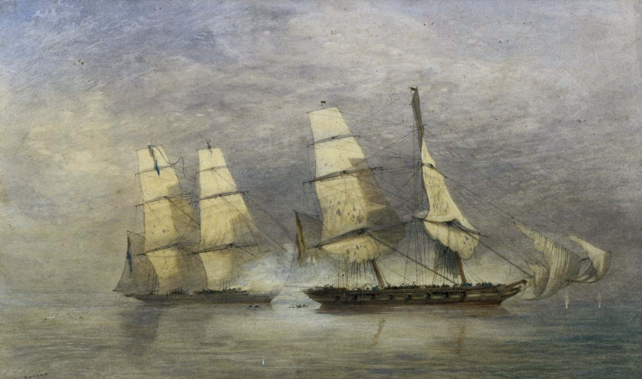 1829 年 2 月 1 日，"黑色玩笑 "号在贝宁湾捕获西班牙奴隶船 "Almirante "号（纸面水彩画） 作者 艾伦·邓肯