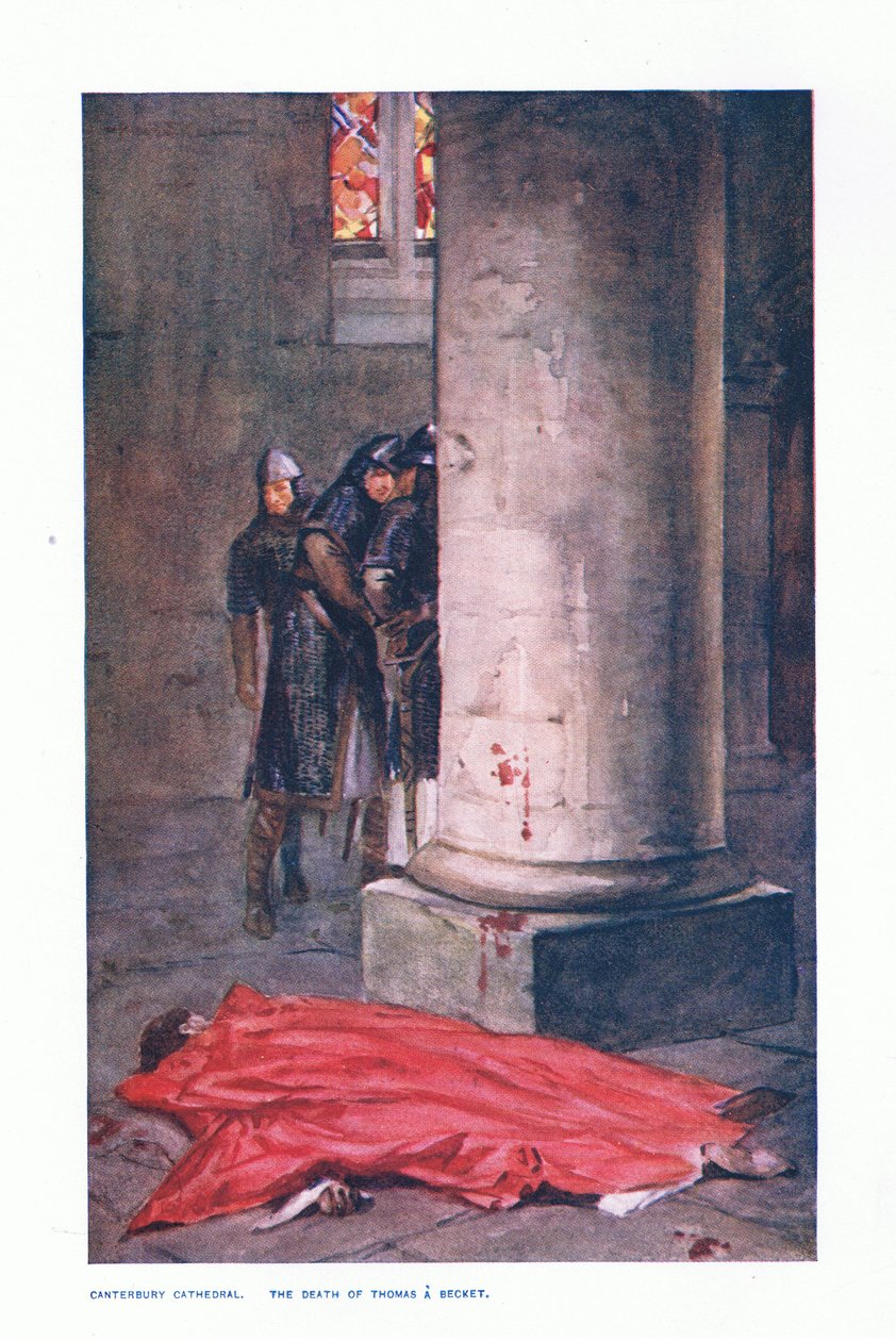 坎特伯雷大教堂：托马斯·A·贝克特之死，插图来自《英国大臣儿童故事》，约 1920 年（彩色平版印刷） 作者 艾伦·斯图尔特