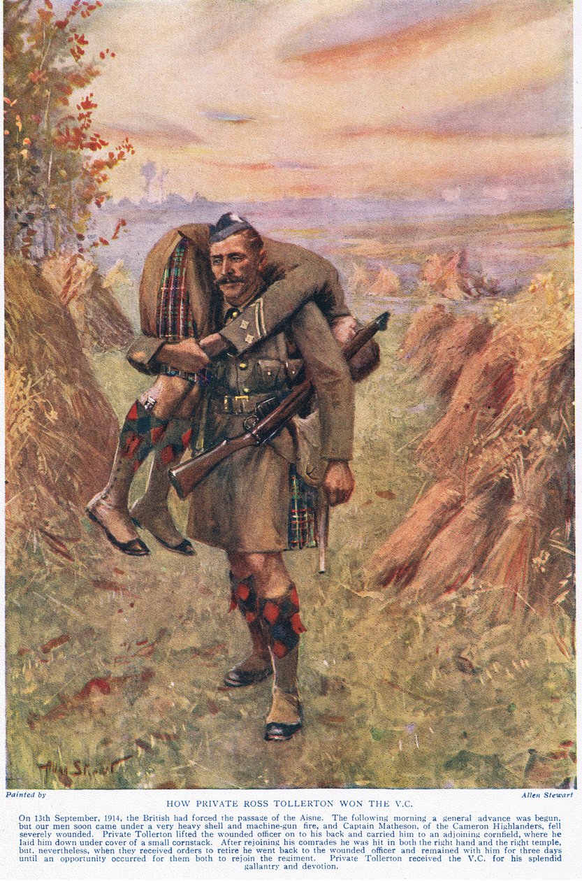 二等兵罗斯-托勒顿（Ross Tollerton）如何获得越战勋章，插图选自《令帝国震惊的事迹》，由 Hutchinson  Co.出版，约 1920 年（彩色石版）。 作者 艾伦·斯图尔特