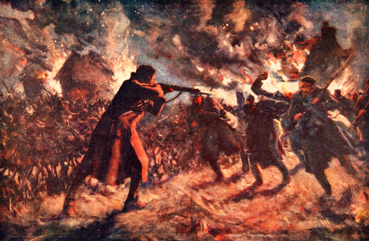 二等兵梅斯顿在夺取一条英国战壕后，单枪匹马地攻击几名正在前进的敌人（彩色平版印刷） 作者 艾伦·斯图尔特