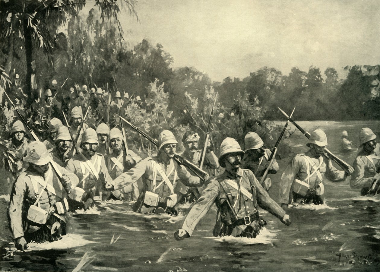 莫德河之战--阿盖尔和萨瑟兰高地人穿越漂流河》，1900年。 作者 艾伦·斯图尔特