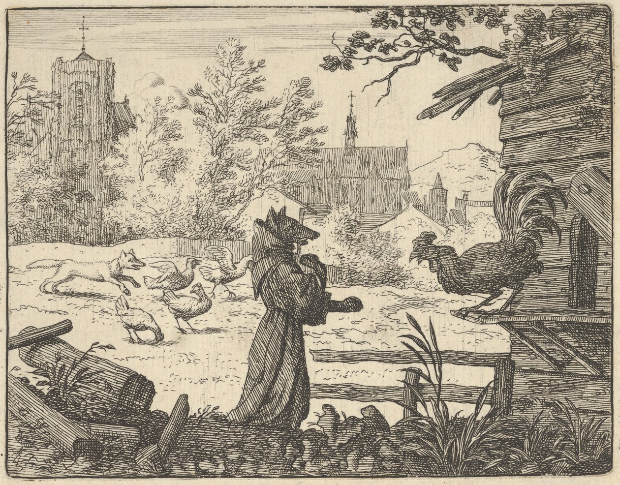 伪装成僧侣的雷纳德获得了公鸡的信任，1650-75。 作者 阿拉特·范·埃弗丁根