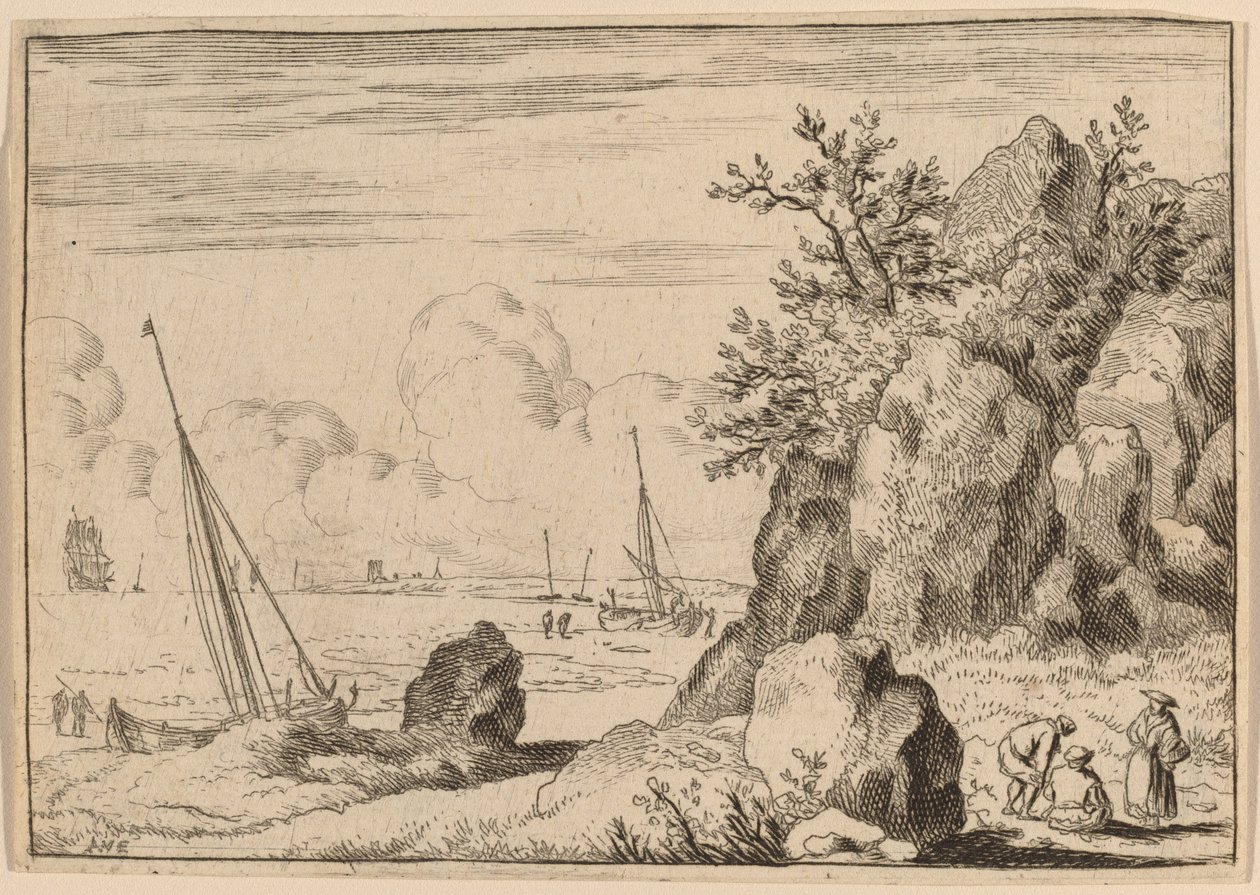 右边有三个人物的海景画，大概在1645-1656年间。 作者 阿拉特·范·埃弗丁根