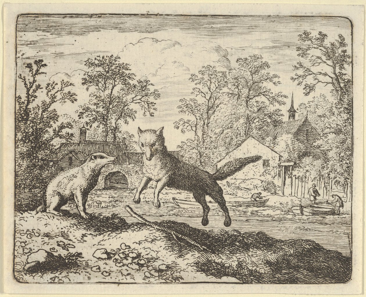 獾作为惩罚在地上的棍子上跳三下，1650-75。 作者 阿拉特·范·埃弗丁根