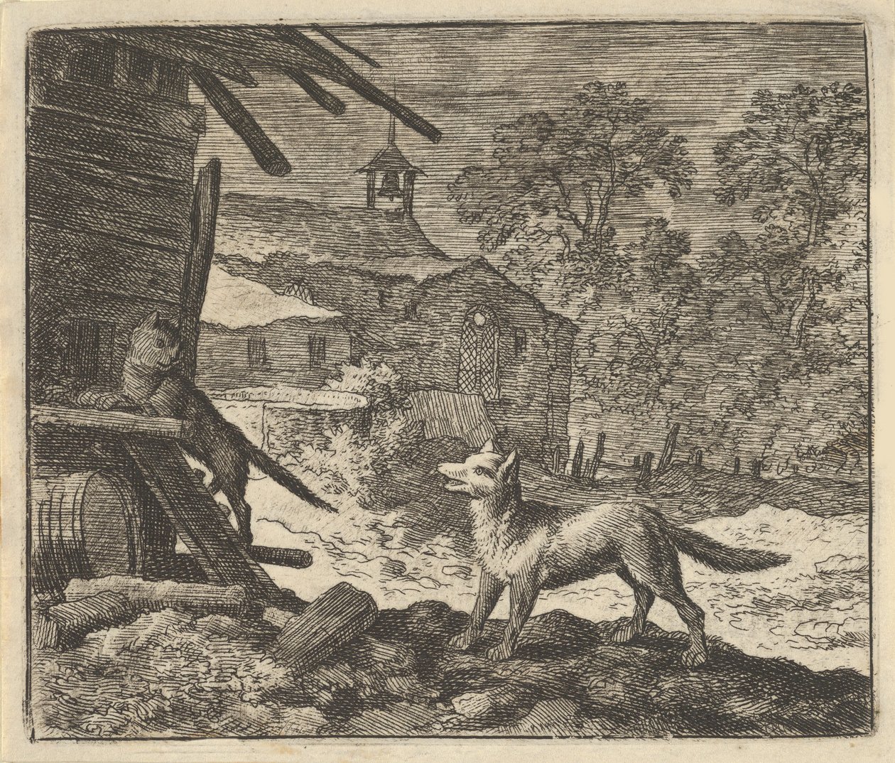 猫爬上谷仓》，1650-75。 作者 阿拉特·范·埃弗丁根